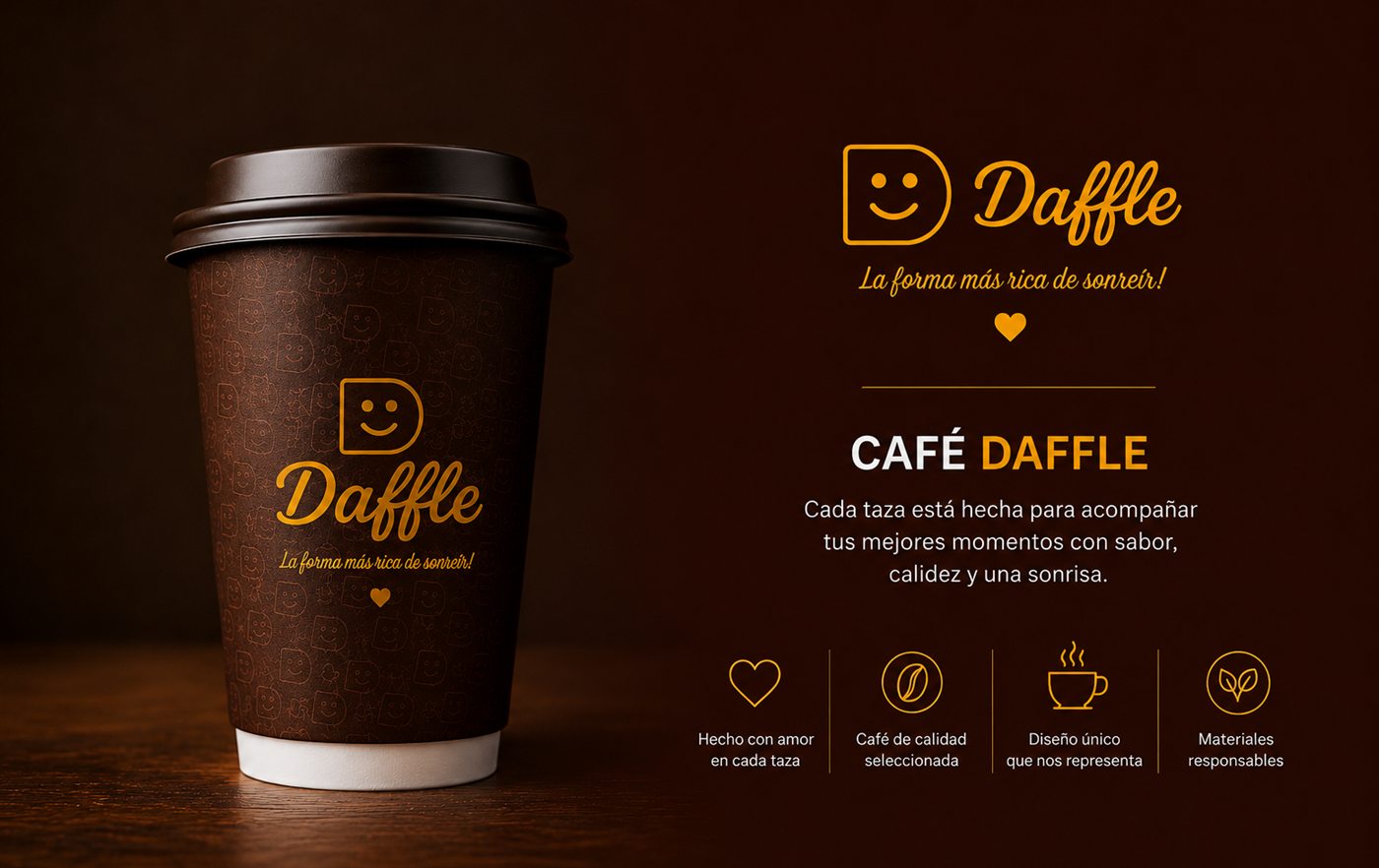Café Daffle en vaso de 8 onzas para llevar: hecho con amor en cada taza, café de calidad seleccionada, diseño único y materiales responsables