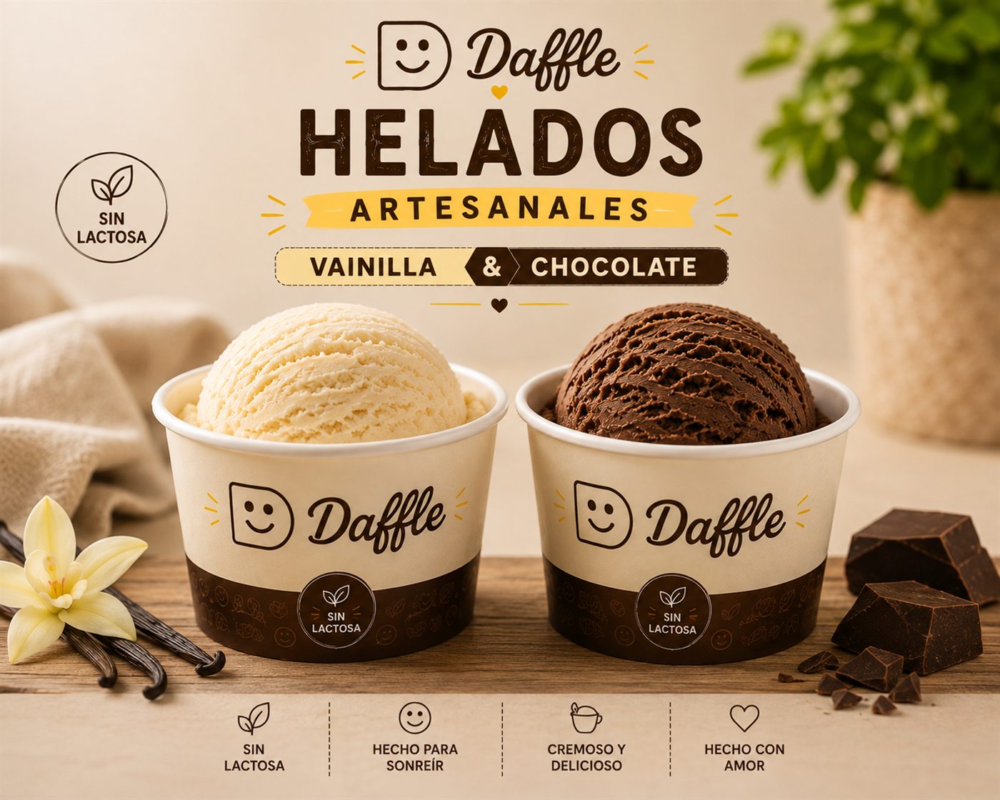 Helados artesanales Daffle en su pote, de vainilla y de chocolate, sin lactosa
