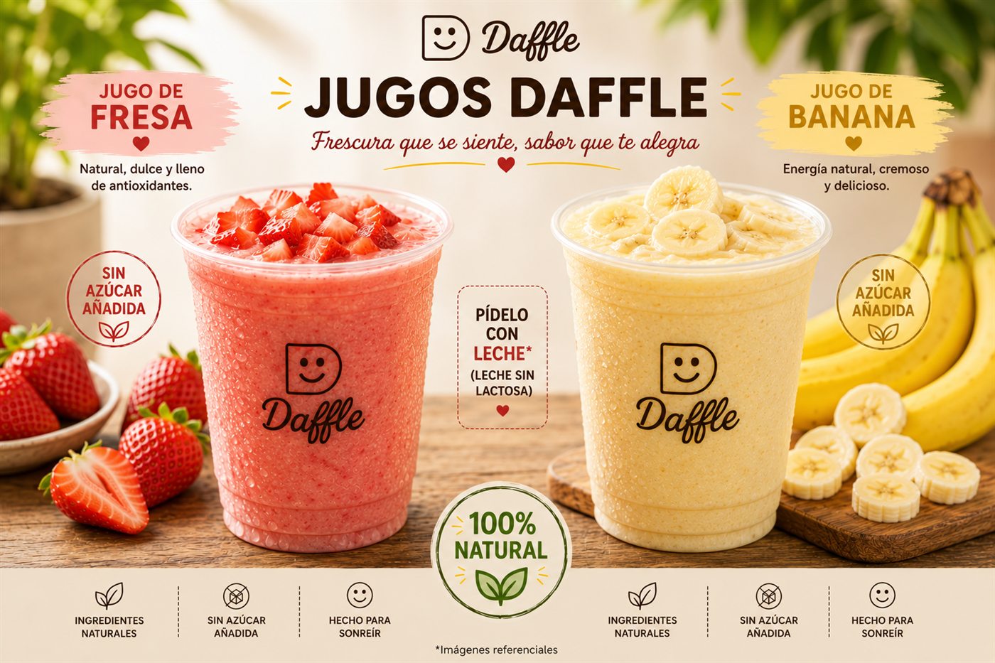 Jugos Daffle de fresa y de banana: 100% naturales, sin azúcar añadida y con opción de leche sin lactosa