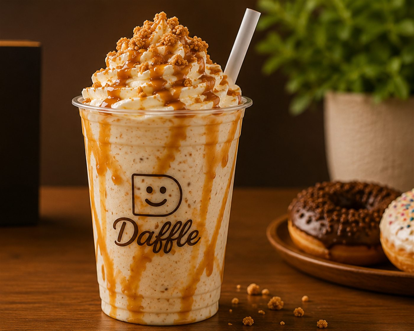 Milkshake Daffle de manjar con crema batida, crumble y mini donuts al lado
