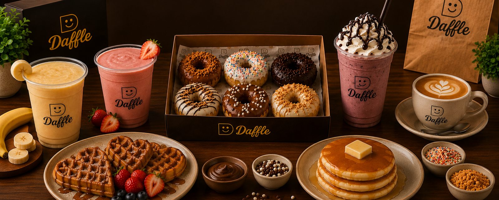 Toda la carta de Daffle: smoothies, milkshake, café, la caja de donuts, waffles, hotcakes y los empaques de la marca