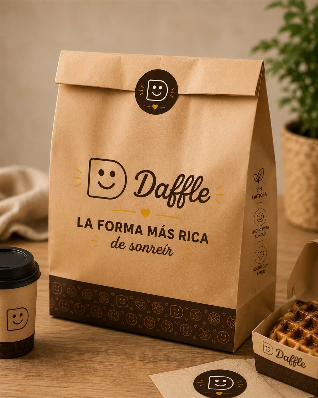 Bolsa de papel kraft de Daffle con el eslogan, el sello de sin lactosa, un vaso de café y una caja de waffles