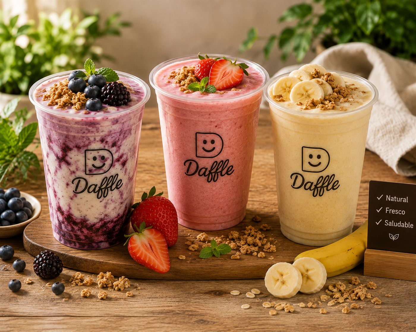 Tres smoothies Daffle: frutos del bosque, fresa y plátano, con granola encima