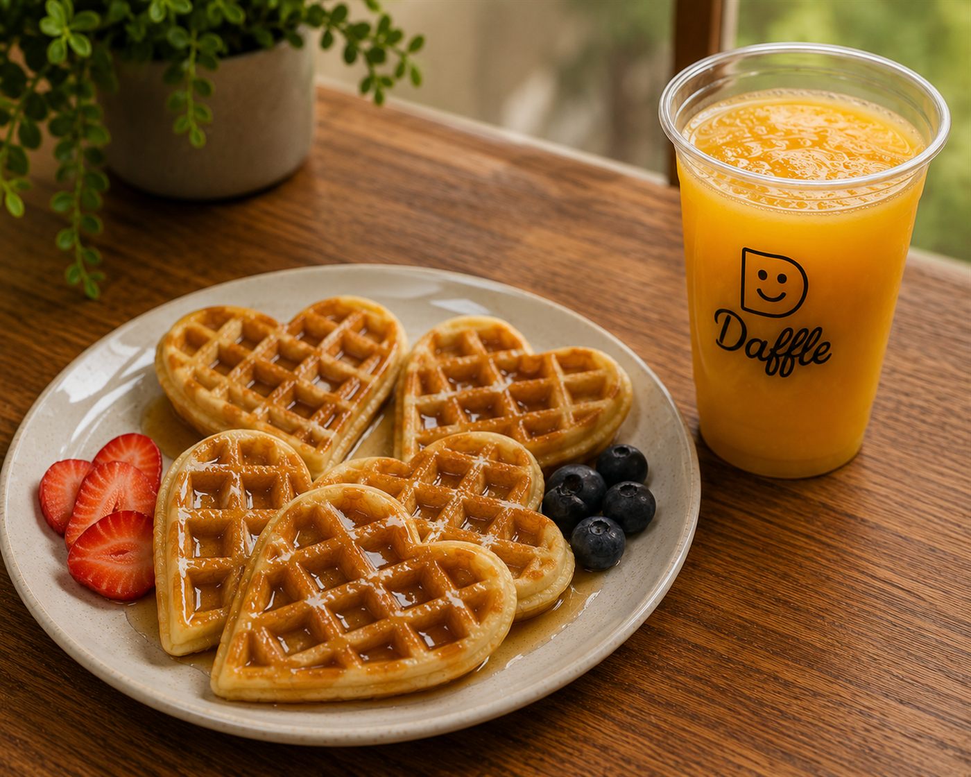 Plato de waffles corazón con miel, fresas y arándanos